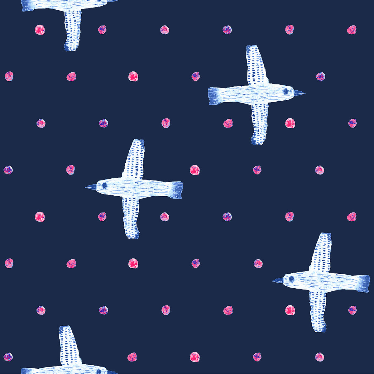 Snow Flowers by Oka Emi for Cotton and Steel - Winter Birds - Navy