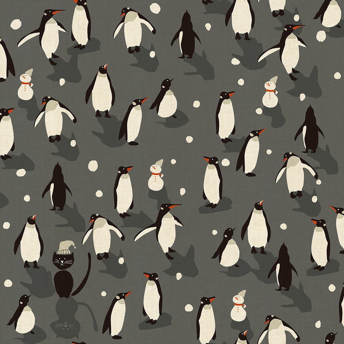 C+S Waku Waku Christmas - Penguin Dance - Grey Unbleached Fabric